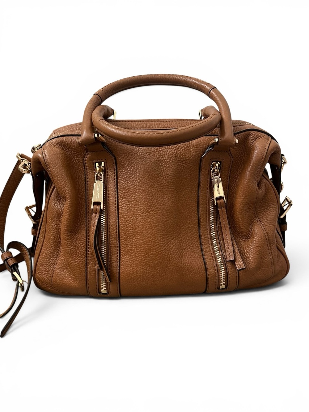 Michael Kors Julia Brown Pebbled Leather Satchel Crossbody Bowler Bag
